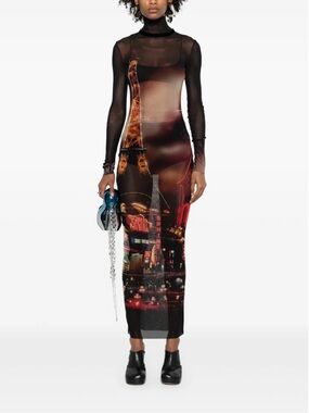 Jean Paul Gaultier Black Mesh Pigalle Print Tulle Maxi Dress